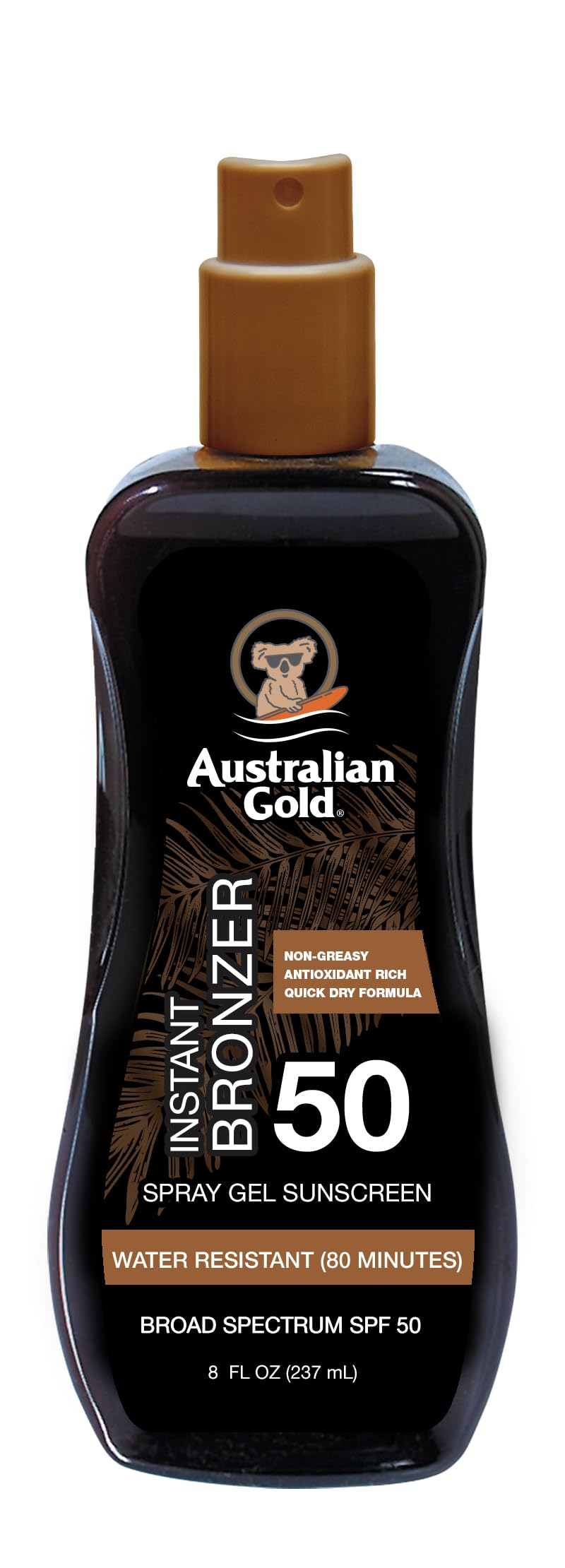 Australian Gold Spray Gel Sunscreen with Instant Bronzer, Moisturize & Hydrate Skin, Broad Spectrum, Water Resistant, Reef Safe Sunscreen, Cruelty Free, Paraben Free, PABA Free, SPF 50, 8 Ounce