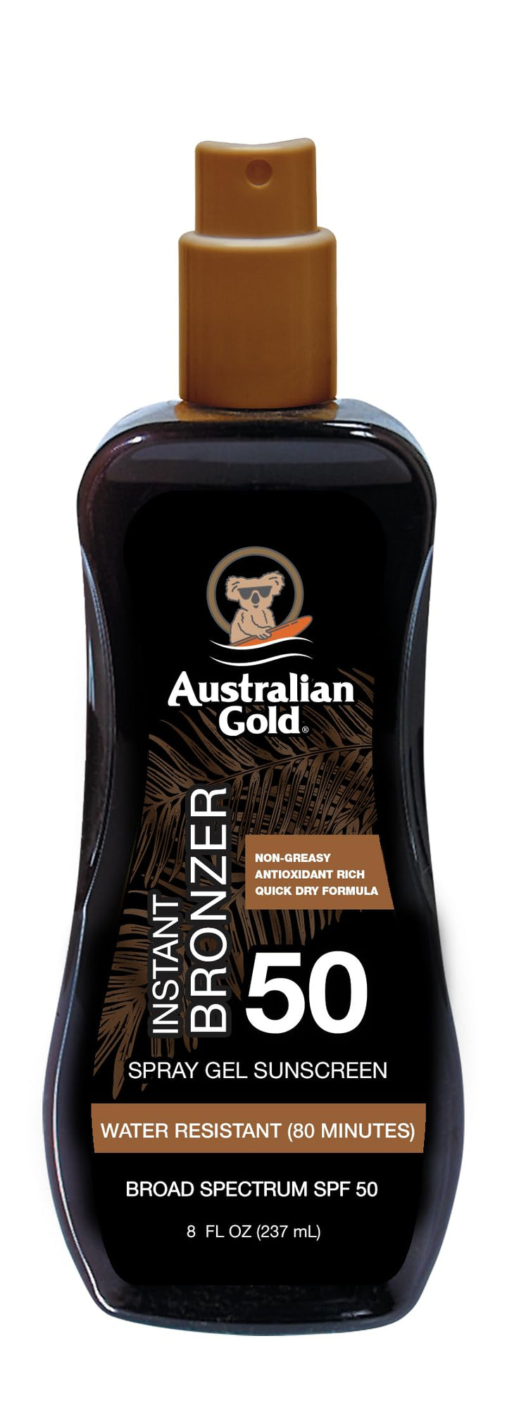 Australian Gold Spray Gel Sunscreen with Instant Bronzer, Moisturize & Hydrate Skin, Broad Spectrum, Water Resistant, Reef Safe Sunscreen, Cruelty Free, Paraben Free, PABA Free, SPF 50, 8 Ounce