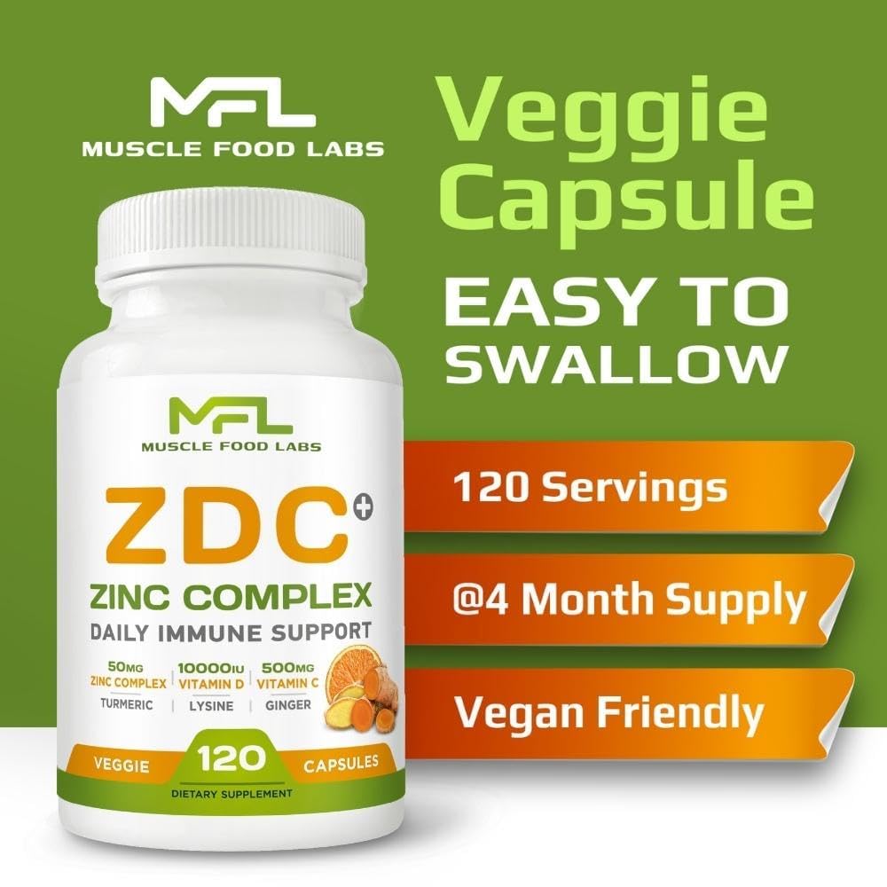MUSCLE FOOD LABS | Z D C Plus | Vitamin C, 500mg | Vitamin D3, | Zinc, | Turmeric | Ginger | Lysine | Non-GMO & Gluten Free | Veggie Caps | 120 Servings