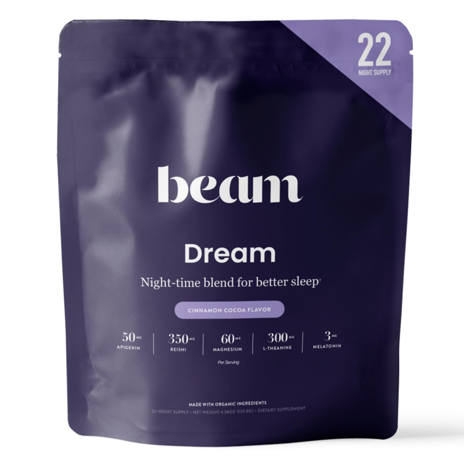 Beam Dream Sleep Powder, Sleep Supplement, Sleep Aids for Adults, Contains Magnesium, Melatonin, L Theanine, Apigenin, Natural Sleep Aid, Vegan, Non GMO, Dairy Free, 3rd Party Tested, 22 Servings