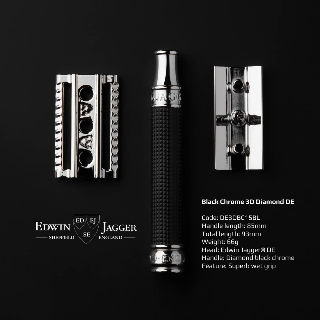 Edwin Jagger Regular Handle, Black Chrome Laser 3D Diamond: Double Edge Safety Razor, Regular Handle, Black Chrome Laser 3D Diamond