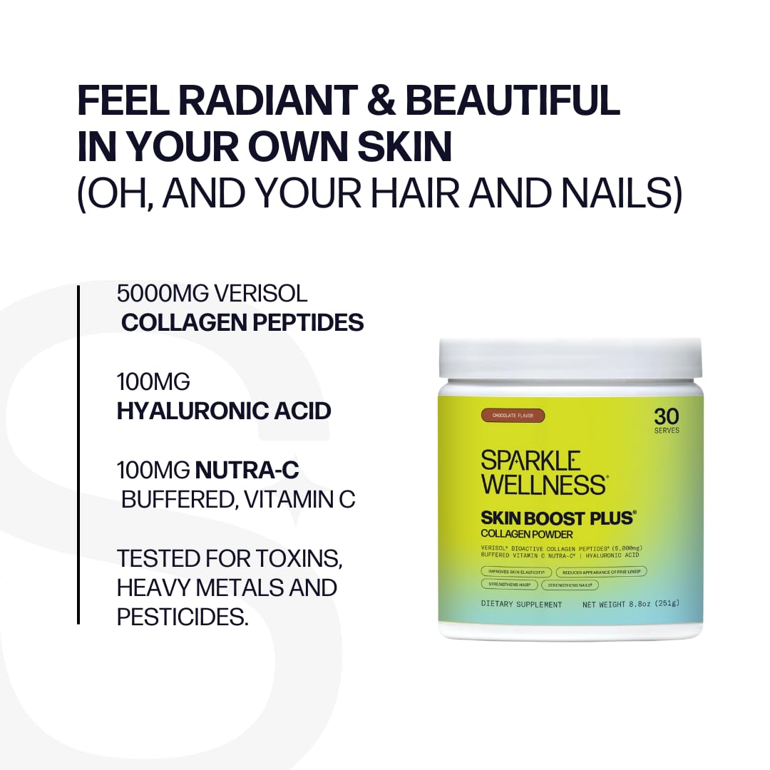 Sparkle Wellness Skin Boost Plus (Chocolate) [30-Serves] | Collagen Powder Supplement with Verisol Bioactive Hydrolyzed Collagen Peptides, Vitamin C & Hyaluronic Acid to Improve Skin Elasticity