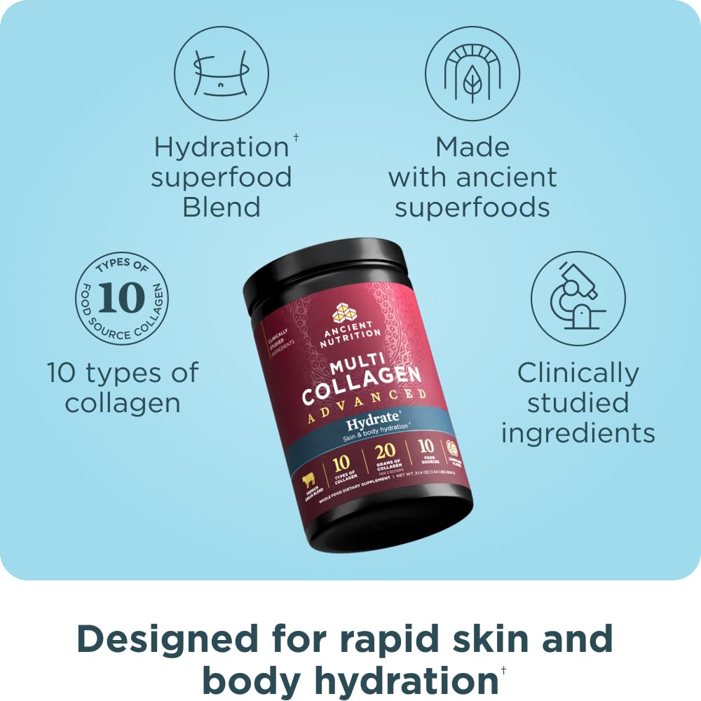 Ancient Nutrition Advanced Multi Collagen Protein Powder Hydrate, Lemon Lime, 30 Servings