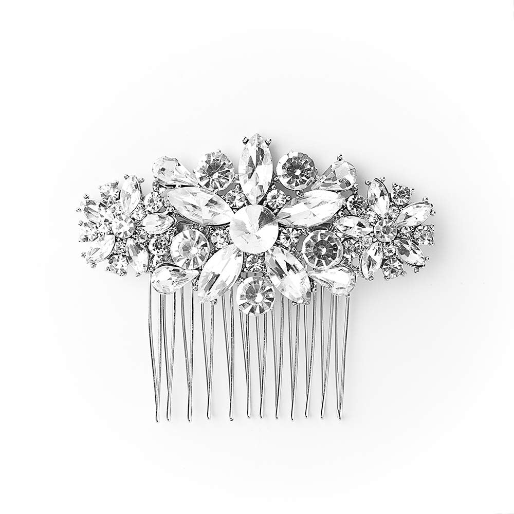 Hapibuy Crystal Wedding Hair Comb Side Bridal Hair Comb Flordal Headpiece Hair Jewelry For Brides And Bridesmaids (Sliver)
