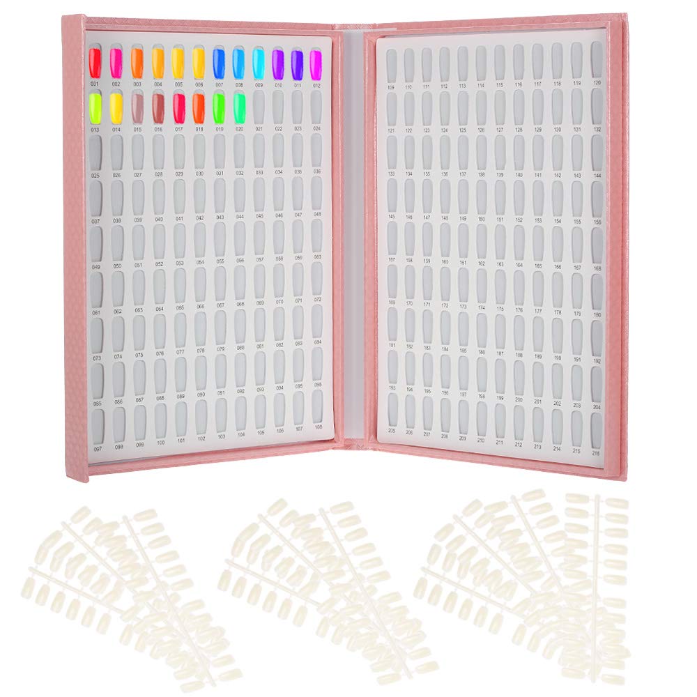 Nail Display Chart, 216 Colors Nail Gel Polish Color Card with 240 Tips Nail Art Salon Set Pink