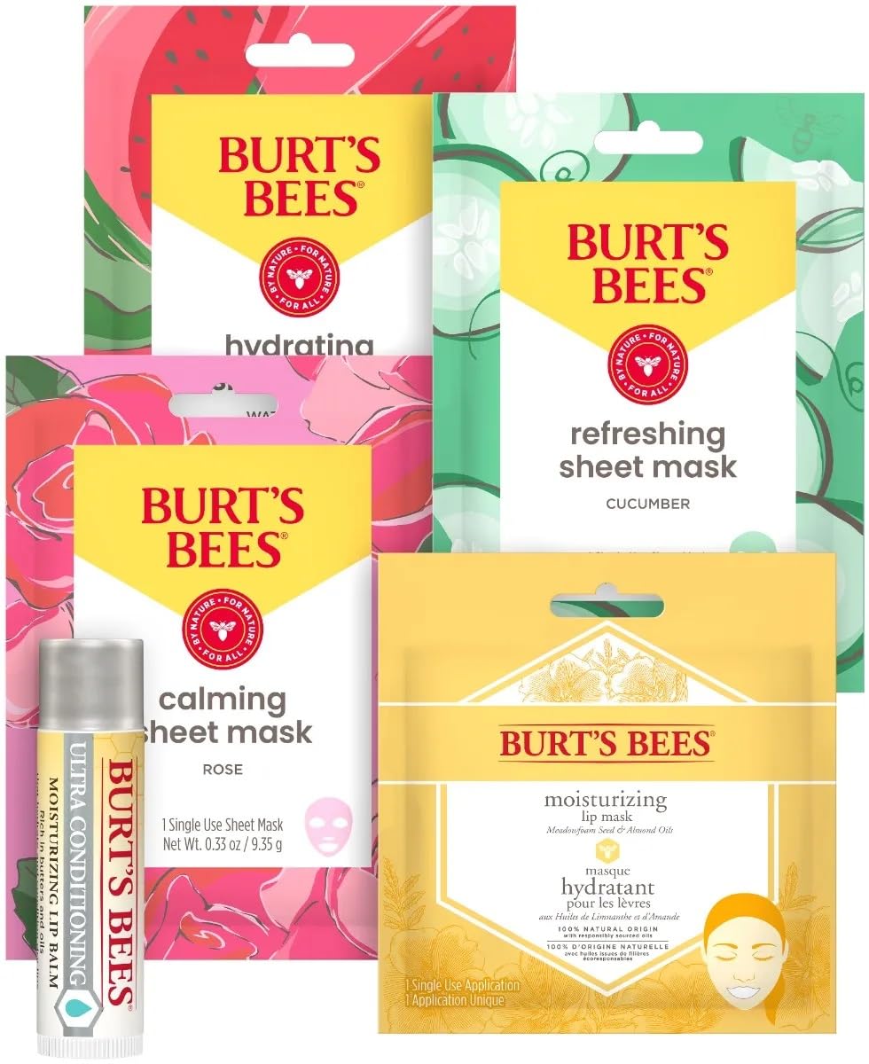 Burt's Bees Mask Bundle: Lip Balm, Lip Mask and Face Sheet Mask Gift Set, 5 Pieces, Rose