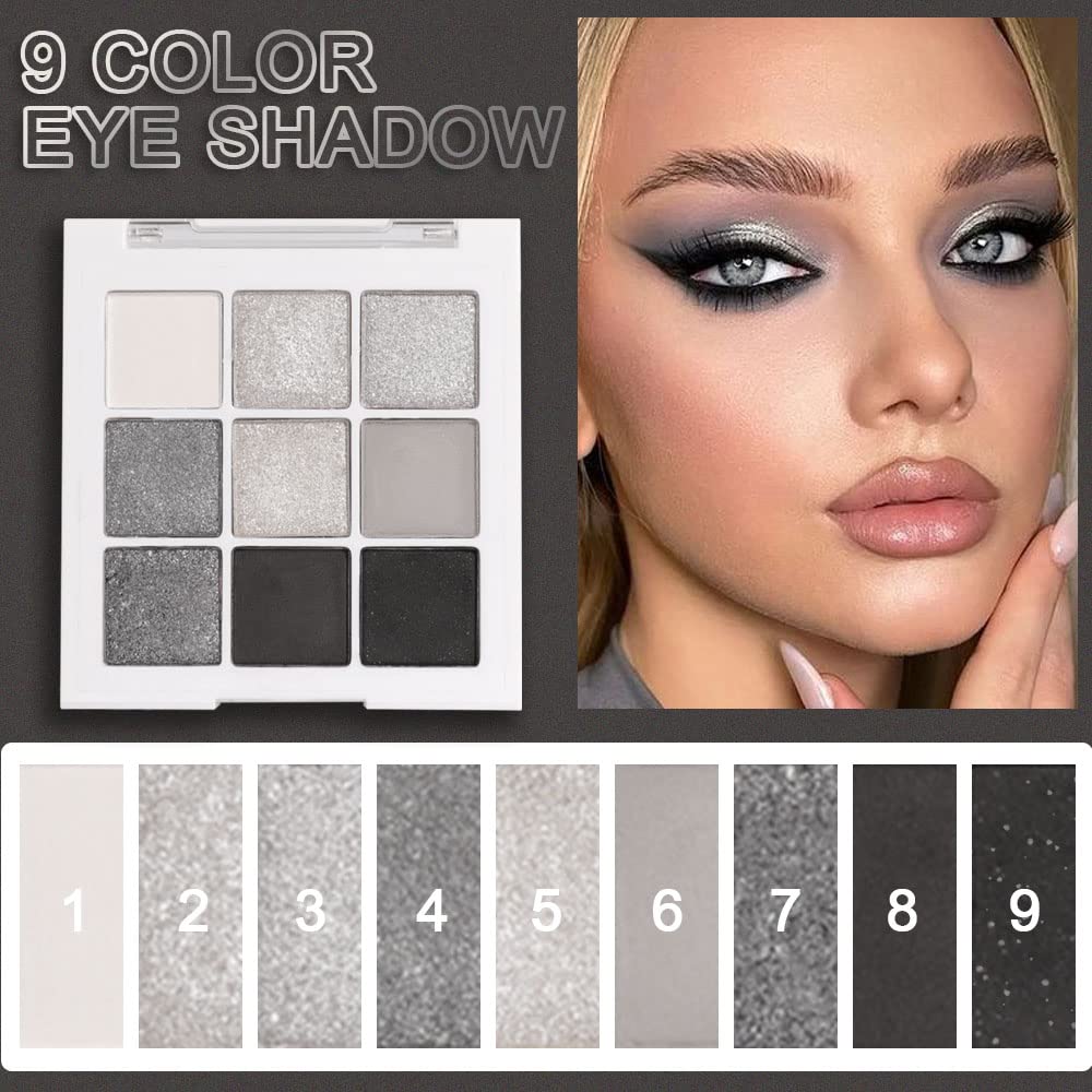 evpct 9 Colors Black Smokey Grey Gray Silver Glitter Shimmer Eye Shadow Makeup Palette Highly Pigmented Black Glitter Eyeshadow Makeup Palette sombra negra para ojos para ojos brillantes