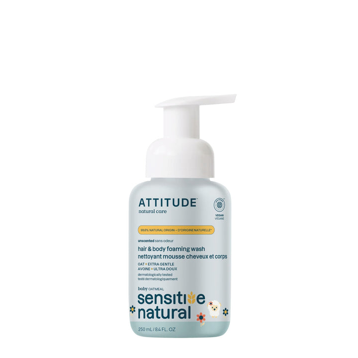 Attitude 2-in-1 Natural Hair and Body Foaming Wash Baby, Fragrance Free, 8.4 Fluid Ounce