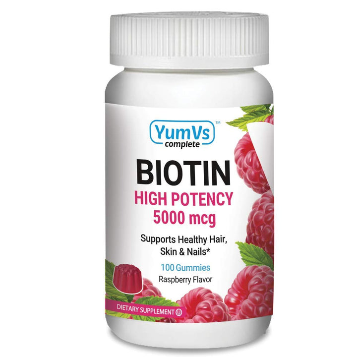 YUM-V'S High Potency Biotin Gummies by YumVs | Daily Dietary Supplement for Adults and Kids | Biotin 10000 mcg | Natural Raspberry Flavor Jellies, 100-Count | Vegetarian, Non-GMO, Kosher