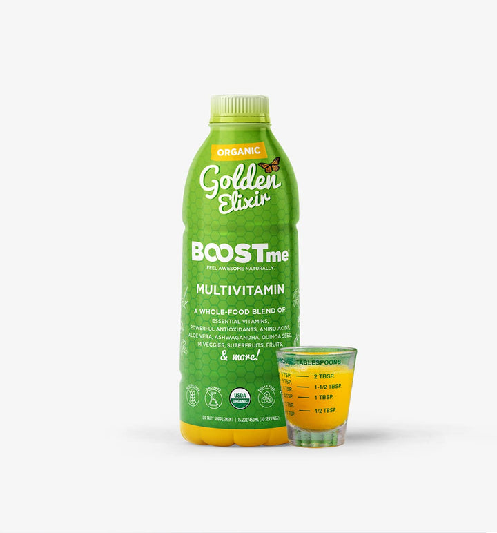 BoostMe Organic Liquid Multivitamin with Ashwagandha, Amino Acids, Aloe Vera, Vegetables, Superfuits and Antioxidants 100% Organic Golden Elixir