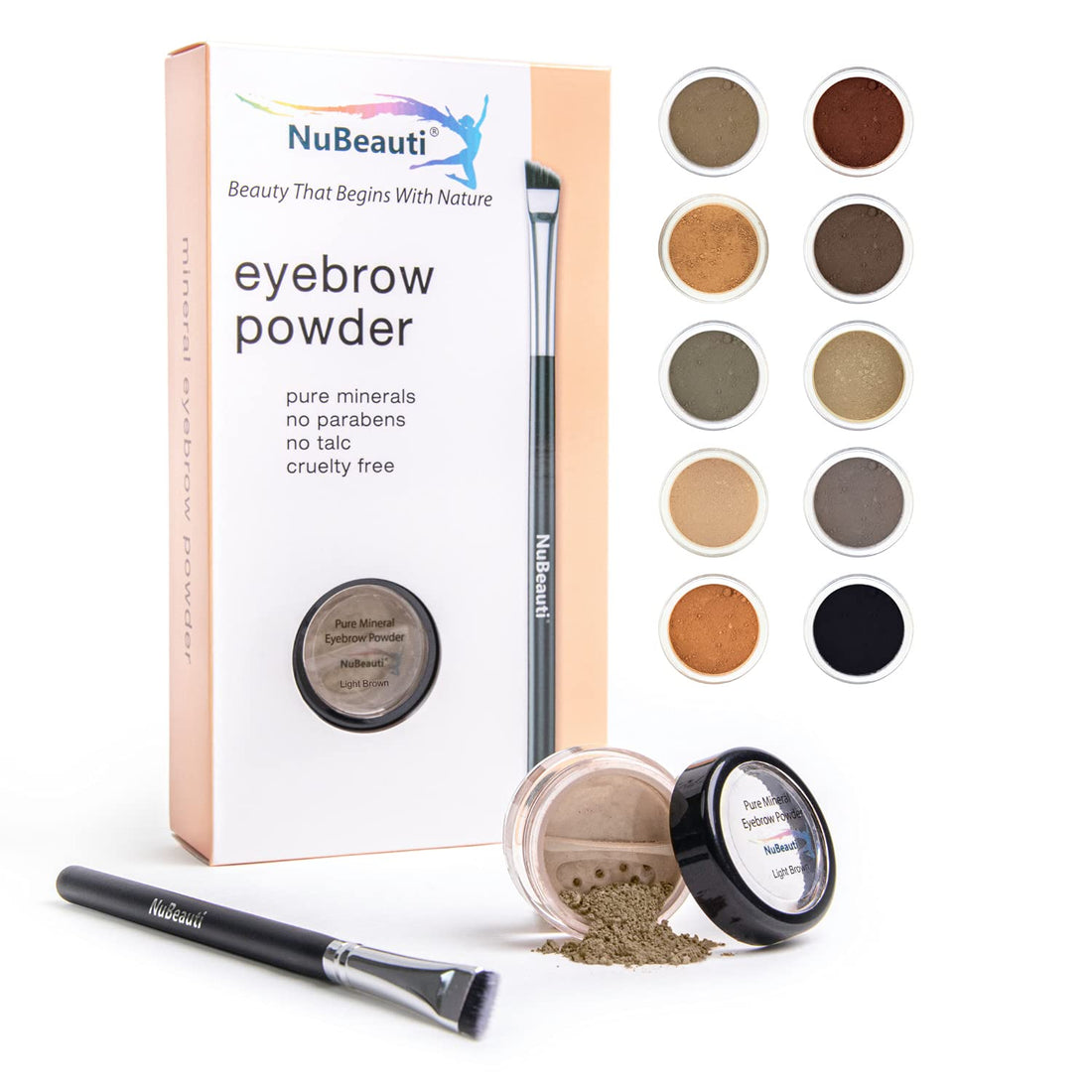 Mineral Eyebrow Powder by NuBeauti - Natural Brow Makeup Kit with Angled Contour Brush for Precision Sculpting to Color Eyebrows Precisely for Beautiful Perfect Brows (With Brush, Light Brown)