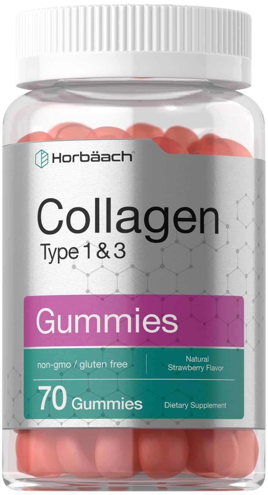 Horbäach Collagen Gummies | 70 Count | Strawberry Flavored Gummy | Hydrolyzed Collagen Type 1 and 3 | Non-GMO, Gluten Free