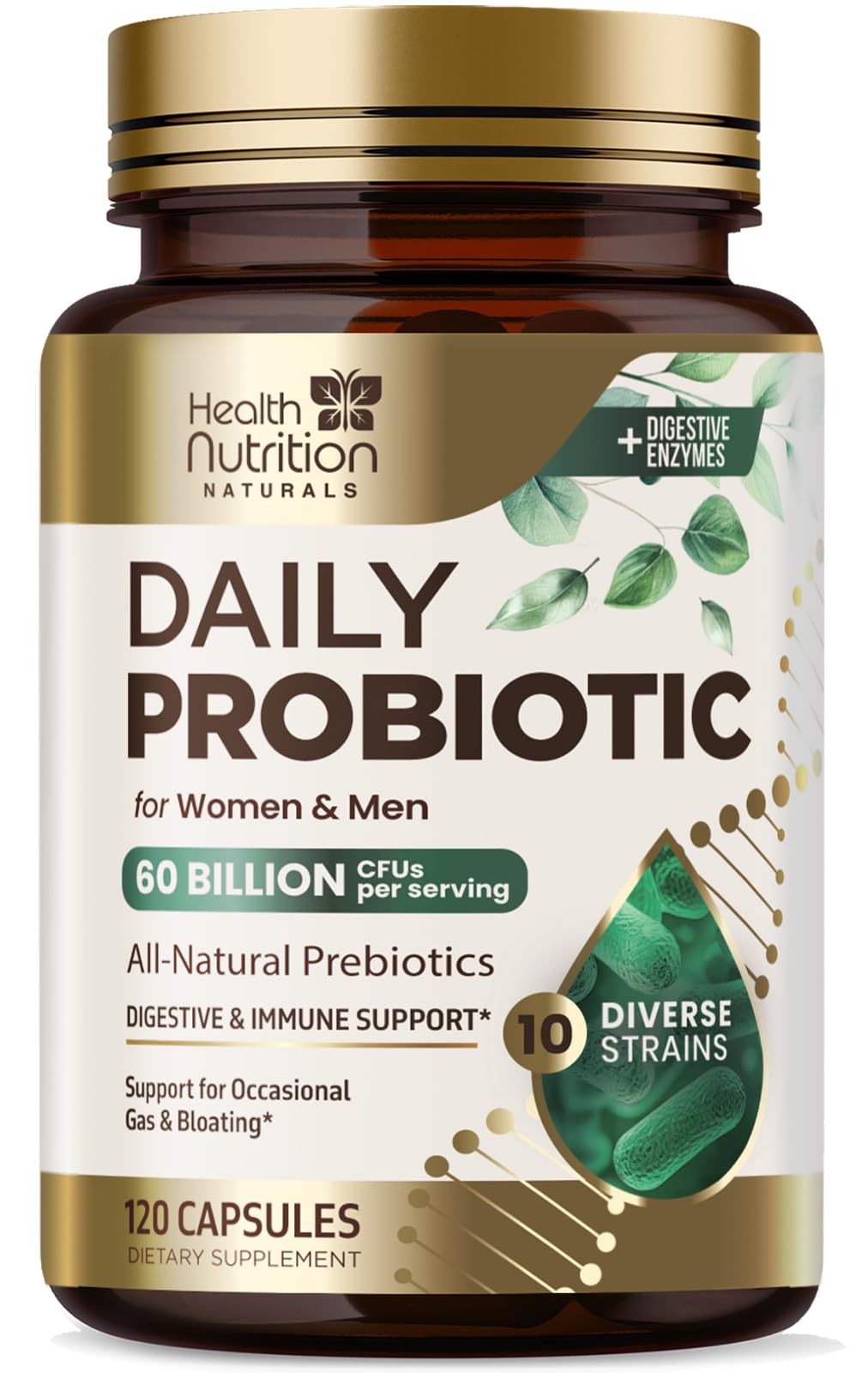 Daily Probiotic and Acidophilus Prebiotics Supplement 60 Billion CFU Capsule for Women & Men - 10 Strains Plus Digestive Enzymes - for Bloating Gas & Gut & Immune Health Support - 120 Capsules