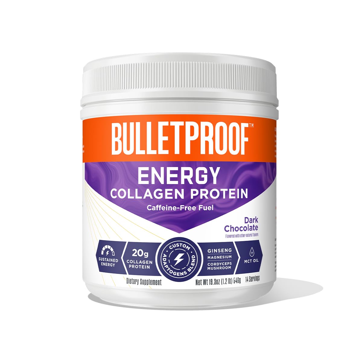 Bulletproof Dark Chocolate Energy Collagen Protein, 19.3 Ounces, Caffeine-Free Fuel with Vitamins and Antioxidants, Blend with Ginseng, Magnesium, Cordyceps Mushroom