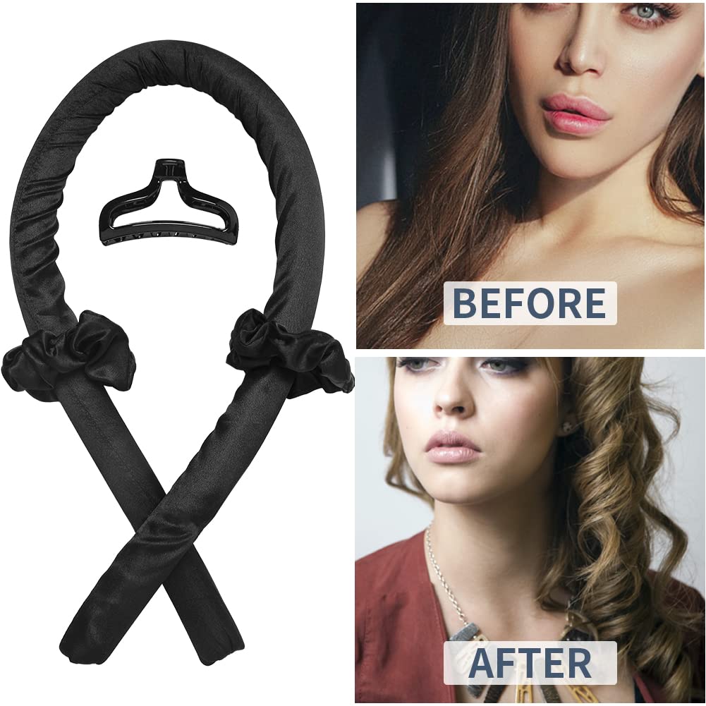 Heatless Curling Rod Headband No Heat Silk Ribbon Curling Rod Hair Roller Curls with Hair Claw Clip Lazy Natural Soft Wave DIY Hair Rollers Styling Tool for Sleep in Overnight (Black)