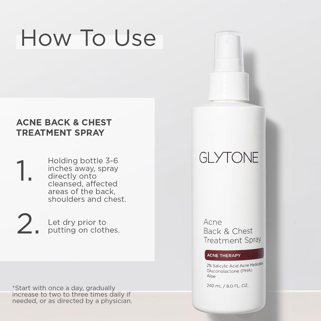 Glytone Chest & Back Acne Treatment Spray – 2% BHA Salicylic Acid with Gluconolactone – Body Acne Treatment for Bacne & Blackheads – Quick-Dry & Fragrance-Free Spray for Normal to Oily Skin – 8 fl oz