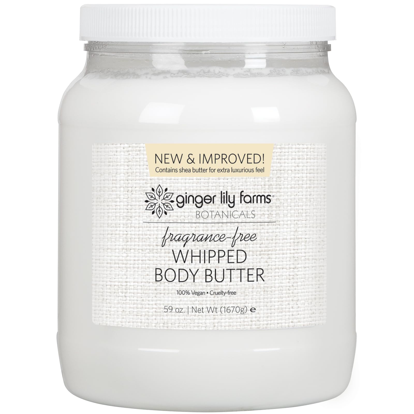 Ginger Lily Farms Botanicals Whipped Body Butter for Dry Skin, Ultra-Hydrating, 100% Vegan & Cruelty-Free, Fragrance-Free, 59 Ounces