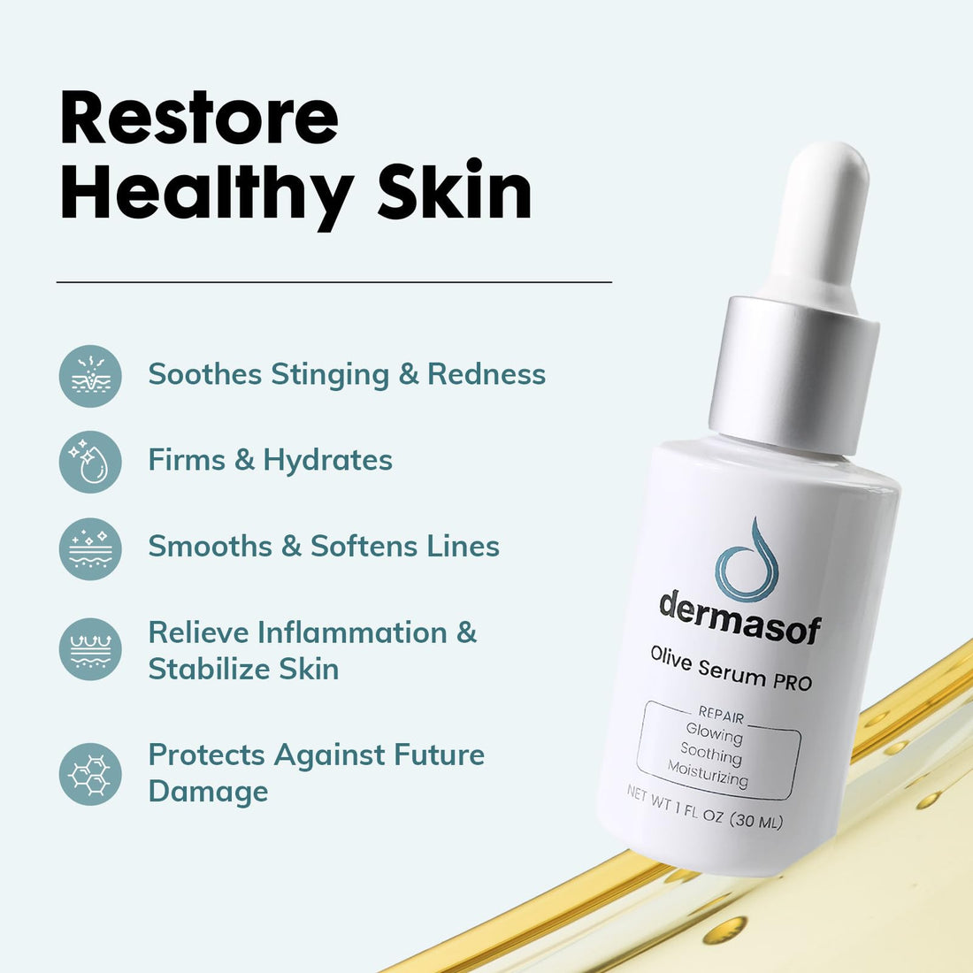 DERMASOF Olive Facial Serum Helps Redness Relieve.This Anti Aging Serum contains Hyaluronic Acid,Matrixyl 3000,and Peptides.Hydrating,Calming,and Repairing your skin.Made in USA;1 Fl Oz (30ml)