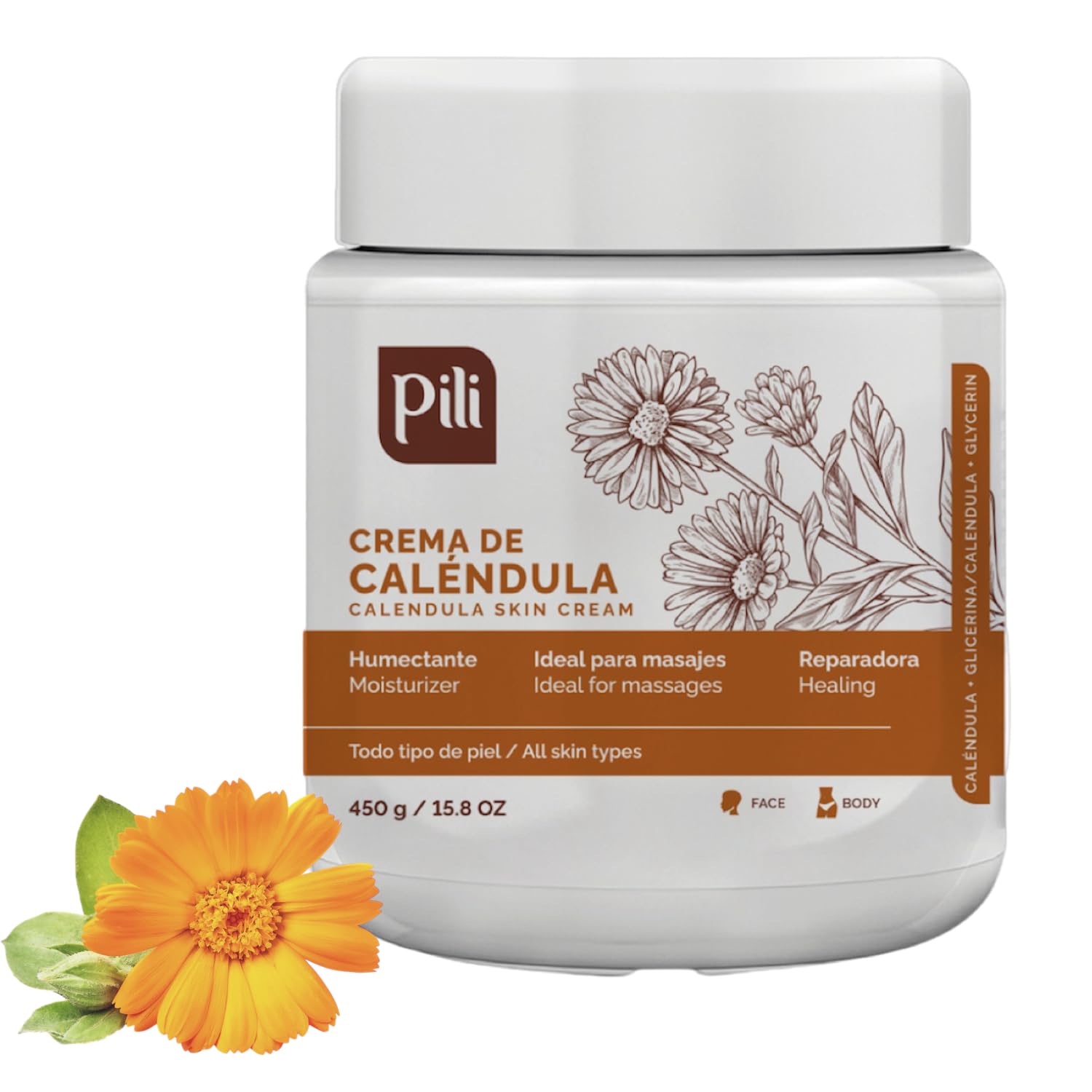 Pili Natural Calendula Cream – Hydrating Moisturizer for Dry, Rough, or Chapped Skin – Soothing Face, Hand & Body Cream – Crema de Caléndula with Beeswax & Glycerin – 15.8 oz