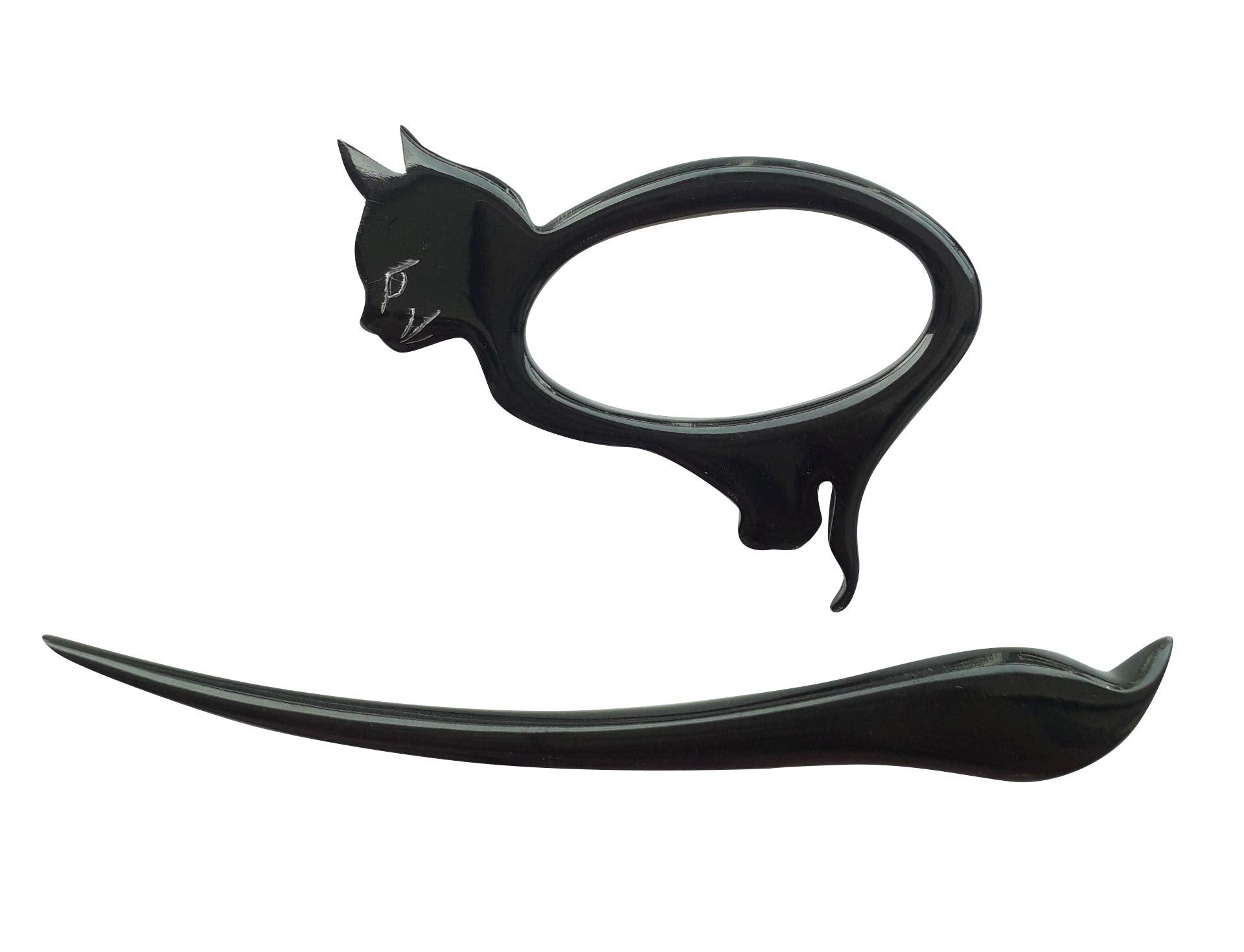 Marycrafts Black Brown Buffalo Horn Cat Kitten Shawl Pin, Hair Pin Accessory Handmade