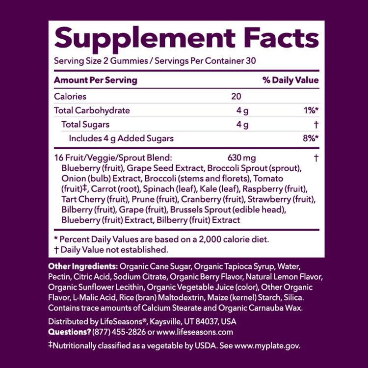 LifeSeasons Fruit & Veggie Gummy Supplement - 16 Fruits Vegetables & Sprouts - Vitamins Minerals & Antioxidants - Nutritional Support for Immunity & Wellness - 3X More Potent - 60 Gummies