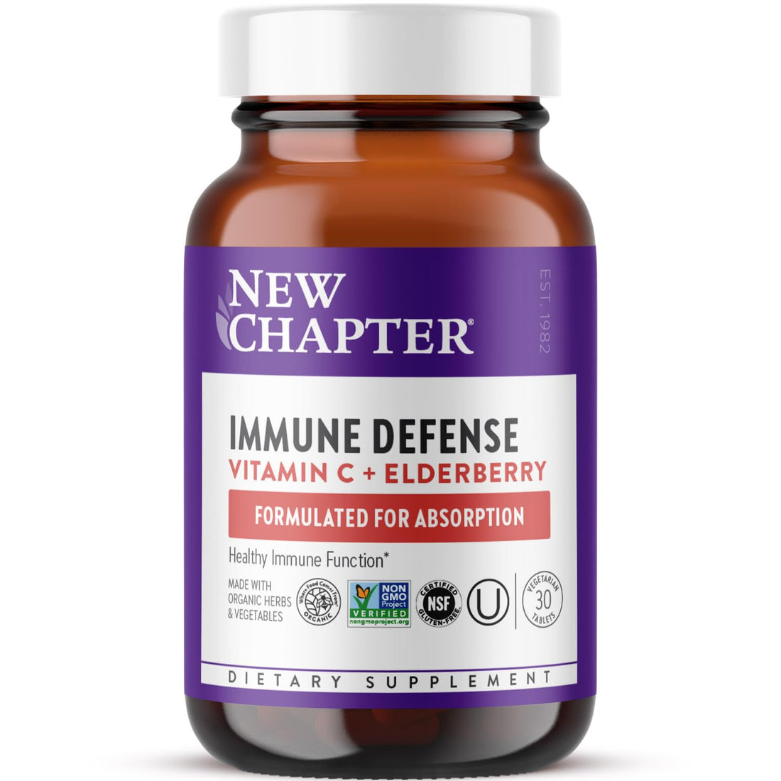 New Chapter® Vitamin C Immune Defense Supplement + Elderberry – Excellent Source of Vitamin C, One Daily Tablet for Healthy Immune Support, Made with Organic Herbs, Non-GMO, Gluten Free, 30 ct