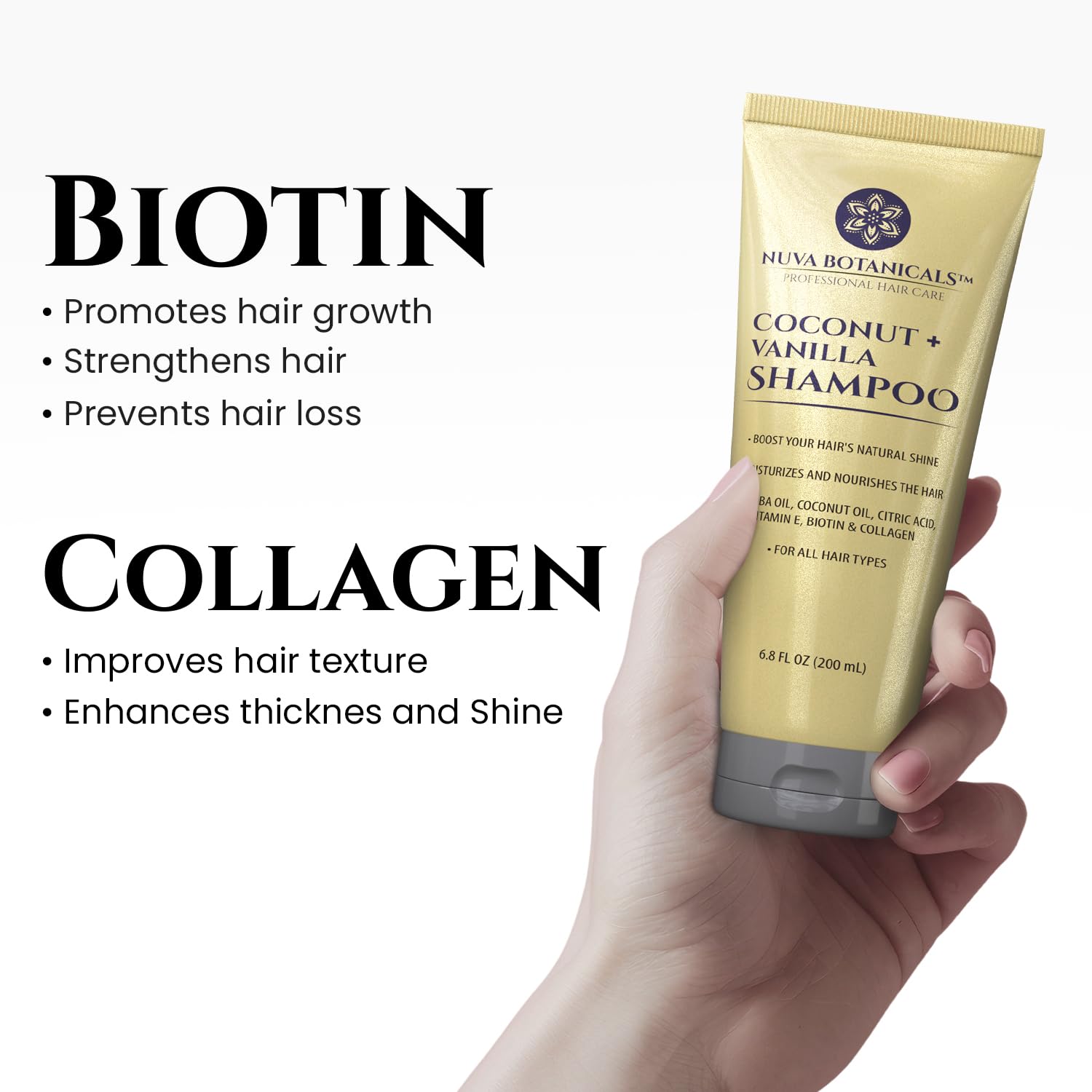 Nuva Botanicals Coconut Shampoo and Conditioner, Vanilla Shampoo and Conditioner with Biotin and Collagen- Moisturizing Shampoo and Conditioner Set with Jojoba Oil, Argan Oil and Vitamin E(6.8oz each)