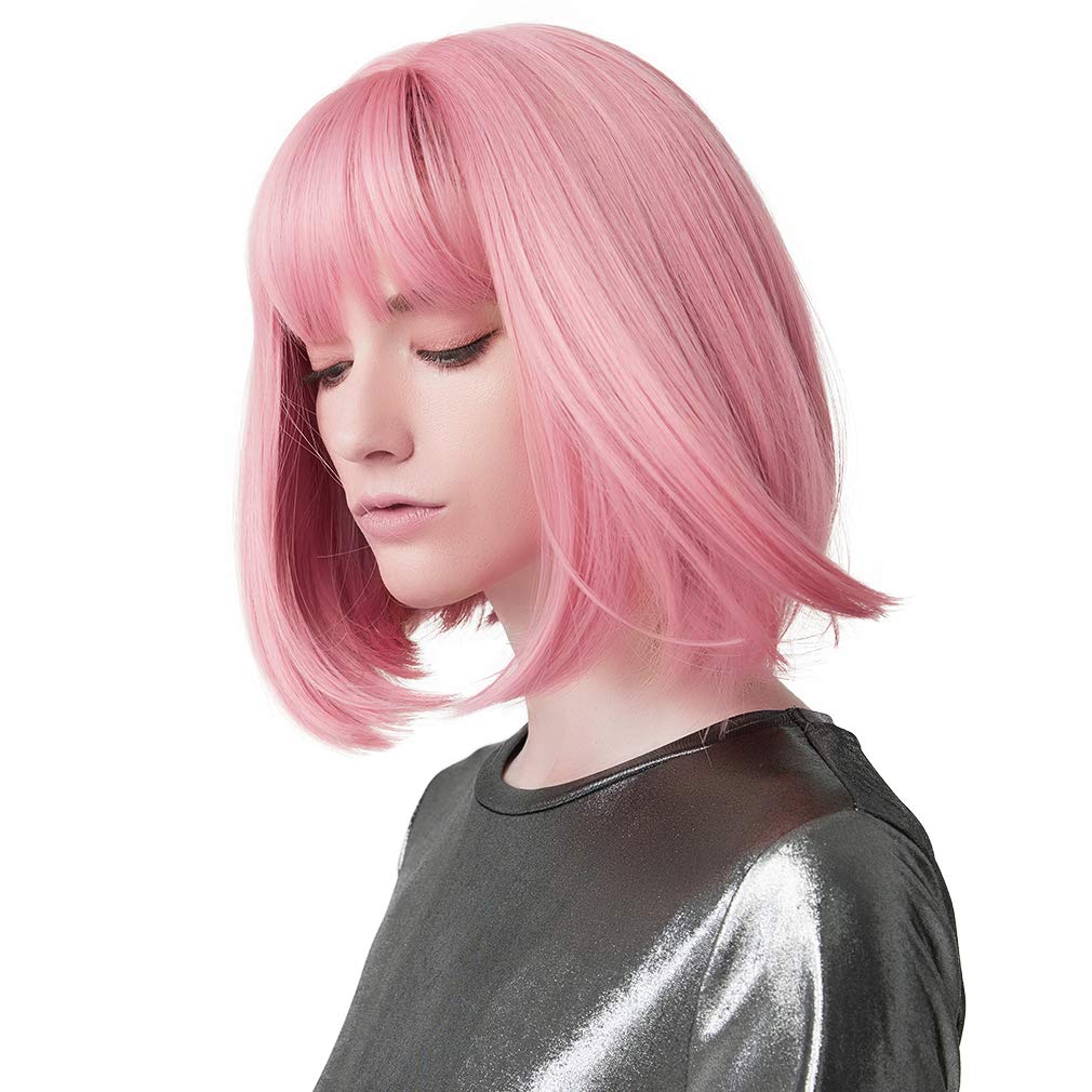 11 Inches, Short Length-Princess Pink: Reecho 11 Short Bob Wig With Bangs Cosplay Synthetic Hair For White Black Women Color: Princess Pink
