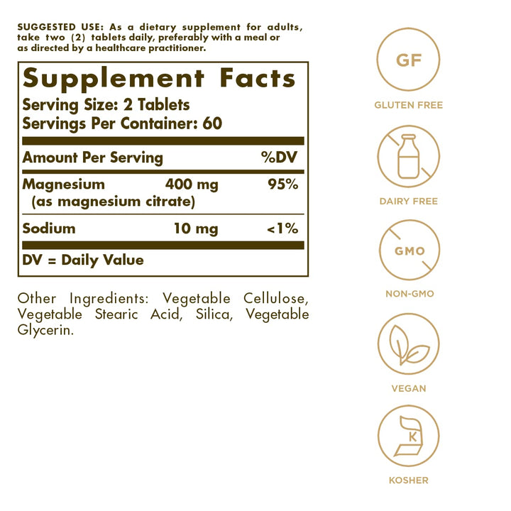 Solgar Magnesium Citrate, 120 Tablets - Promotes Healthy Bones - Supports Nerve & Muscle Function - Non GMO, Vegan, Gluten Free, Dairy Free, Kosher - 60 Servings