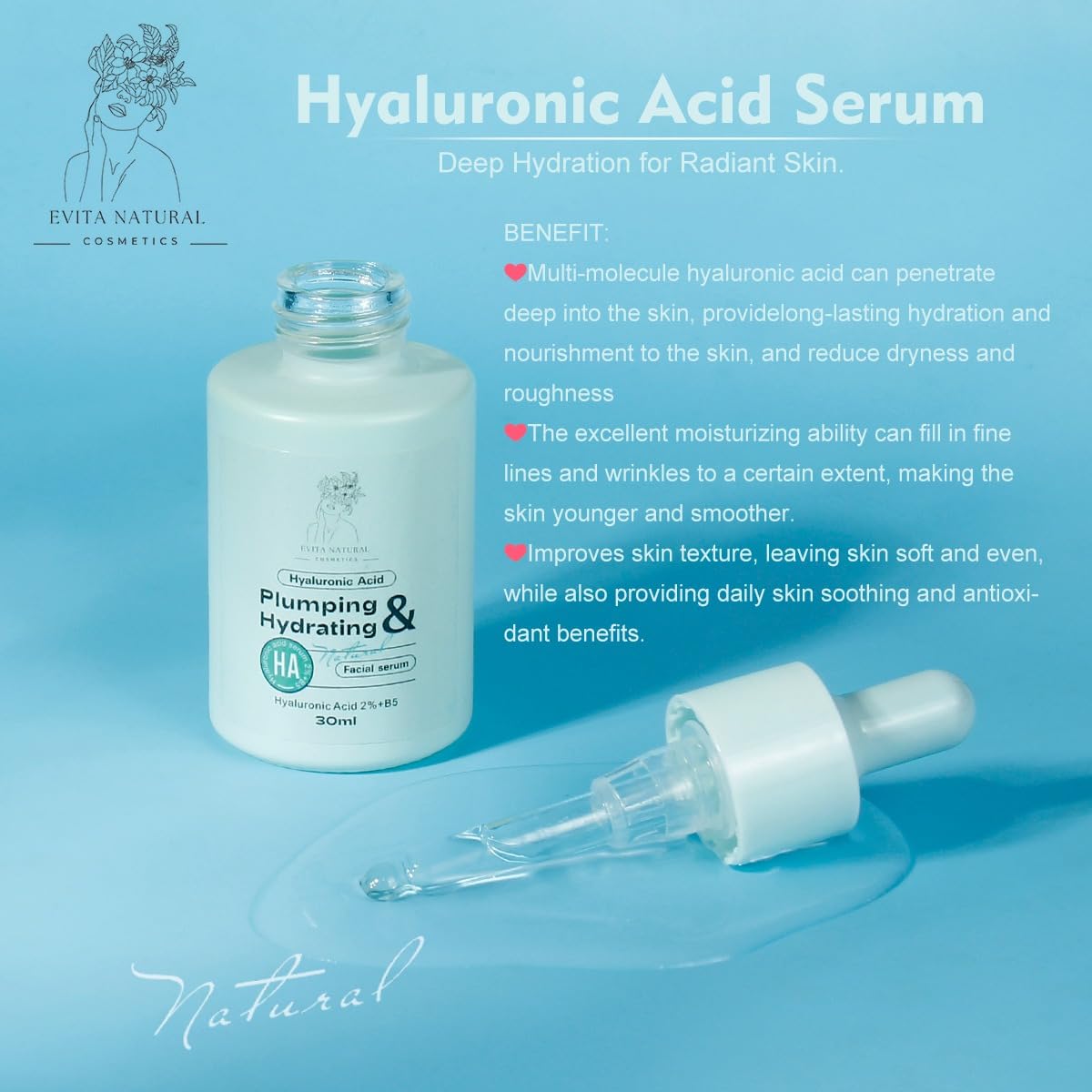 Evita Natural Cosmetics Hyaluronic Acid Serum 100% Natural Moisturizer with Vitamin B5 for Face and Neck. Dermatologically tested, Cruelty-Free, Paraben Free - 1 fl oz