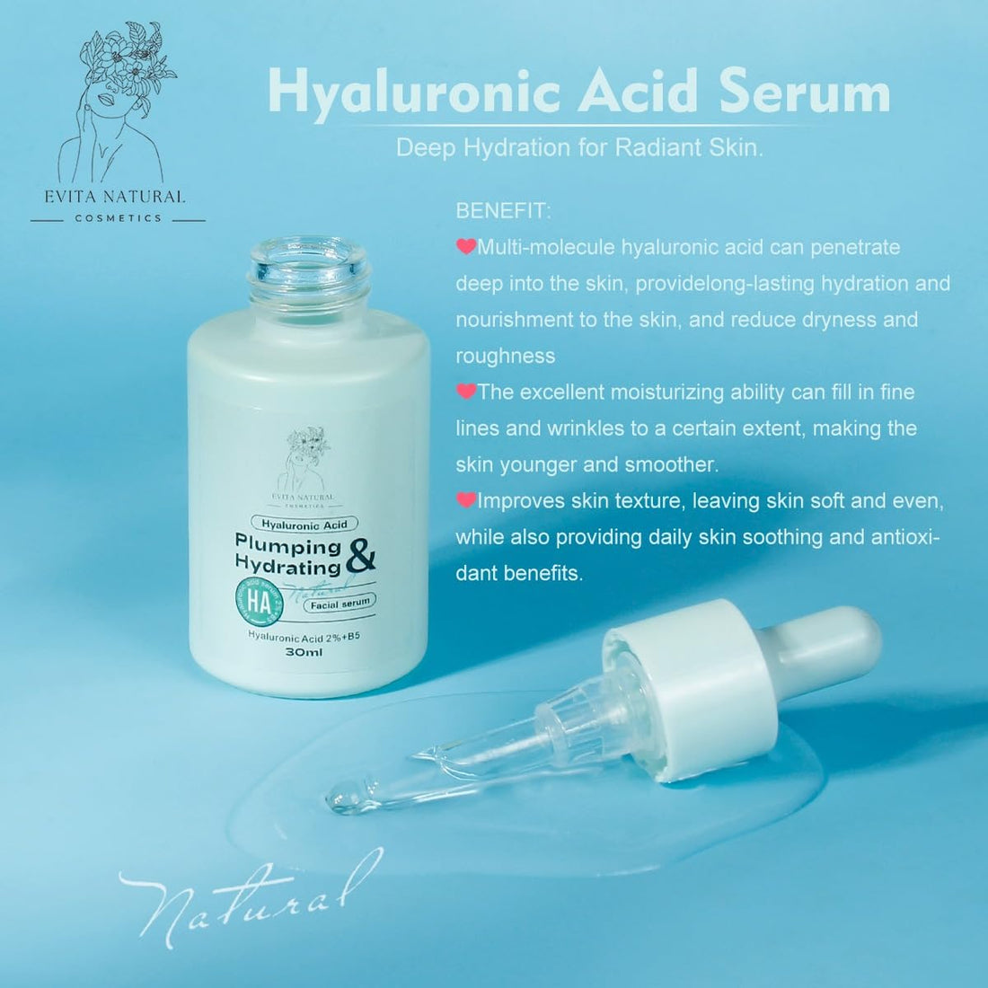 Evita Natural Cosmetics Hyaluronic Acid Serum 100% Natural Moisturizer with Vitamin B5 for Face and Neck. Dermatologically tested, Cruelty-Free, Paraben Free - 1 fl oz