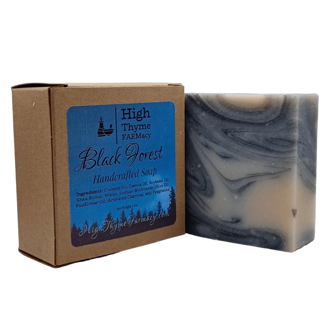 High Thyme FARMacy Black Forest Soap - 5 ounce Bar of Handmade Deep Musk & Sandalwood Scented Soap - Sweet, Earthy Lye Soap with Activated Charcoal - Moisturizing Bath Soap