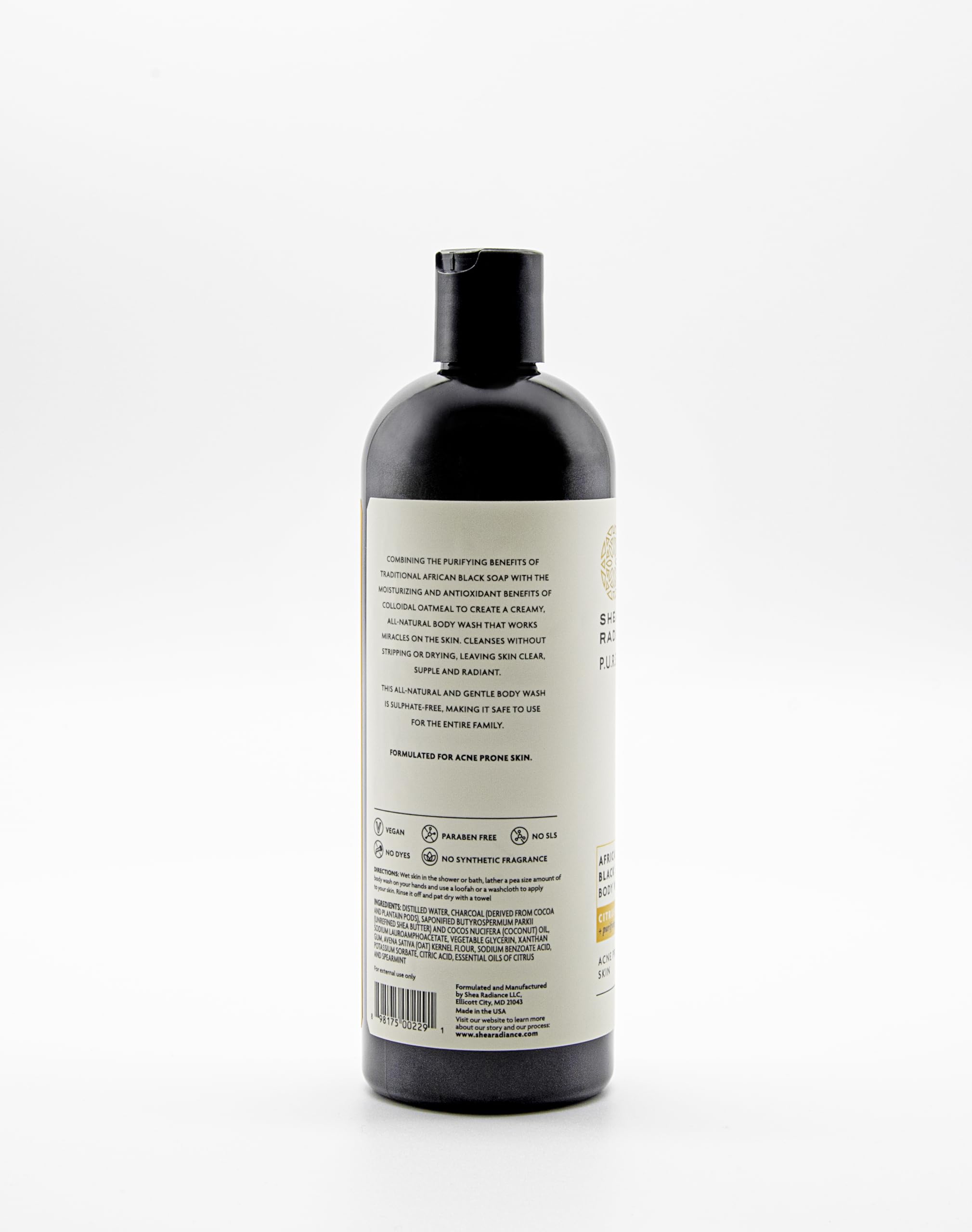 Shea Radiance African Black Soap Body Wash - Dry Skin, Eczema, Rashes, Blemish Cleanser | Citrus Spearmint (16 oz)