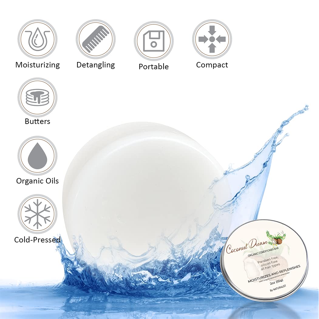 Solid Conditioner Bar, Organic, Plant Based, SLS Free, Vegan, All Hair Types | pH Balanced, Plastic Free | Eco Friendly, Safe For Travel (Coconut Dream) | 2oz