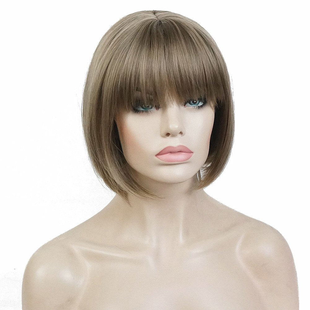 Aimole Short Bob Straight Wig with Cute Flat Bangs Synthetic Hair with Skin Top