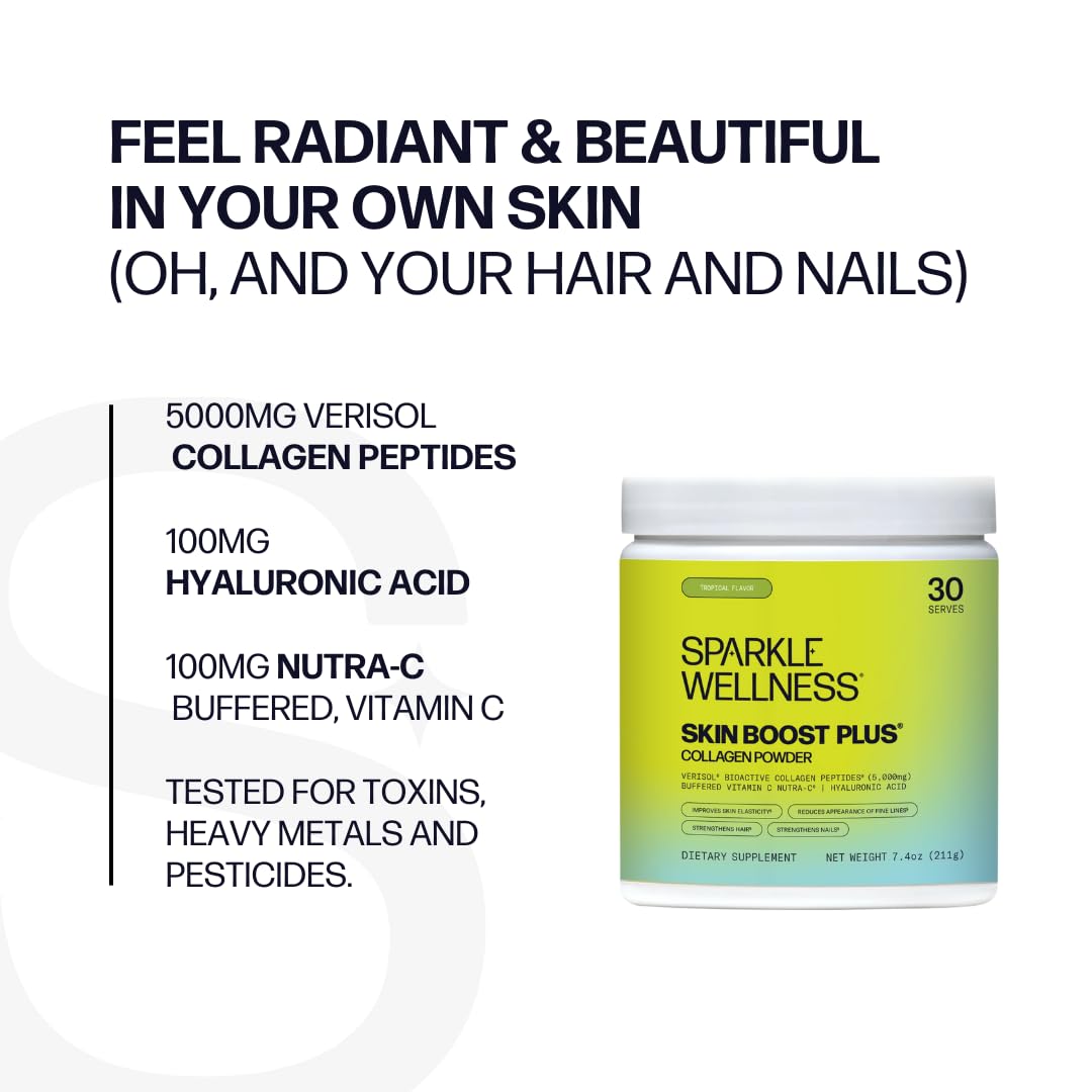 Sparkle Wellness Skin Boost Plus (Tropical) [30-Serves] | Collagen Powder Supplement with VERISOL Bioactive Hydrolyzed Collagen Peptides, Vitamin C & Hyaluronic Acid