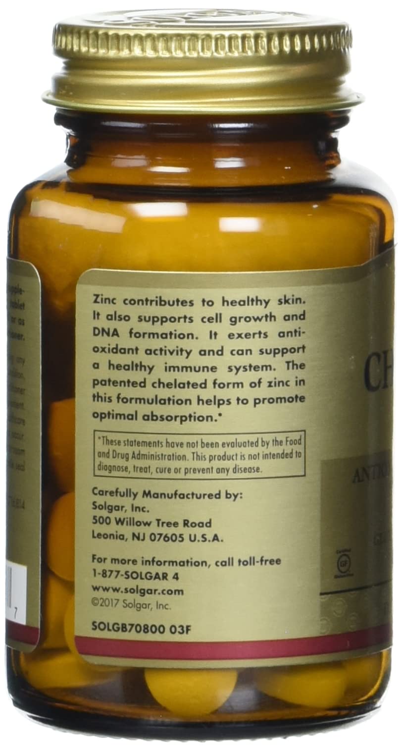 Solgar Chelated Zinc, 100 Tablets - Zinc for Healthy Skin - Cell Growth & Dna Formation, 100 Count (Pack of 12)