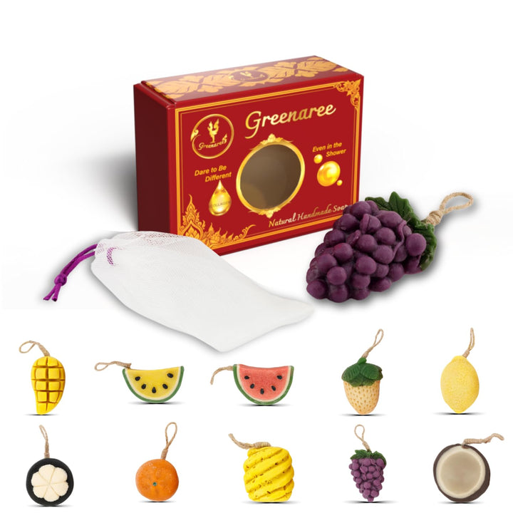 Greenaree Fruit-Shaped Natural Soap Bar – Moisturizing with Vitamin C & Collagen, Thai Botanicals, Gentle Cleanser for Sensitive Skin, Includes Foam Net, Ideal for Body & Hands, Gift-Ready (1 Pack)