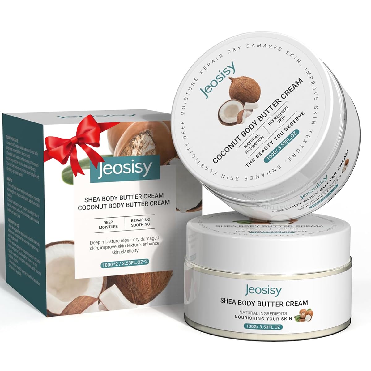 jeosisy Body Butter Set of 2 - Coconut Butter & Shea Butter for Dry Skin, After Sun Hydrating Nourishing Soothe Skincare Coconut Oil Moisturizing Gift for Women Girl Natural Scent,3.53oz*2