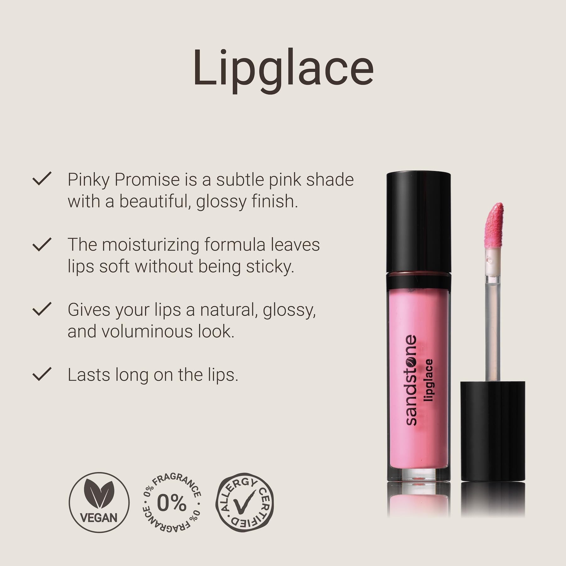 Sandstone Scandinavia Lipglace - Pinky Promise - Hypoallergenic Vegan Lip Gloss - Fragrance Free & Allergy Certified Non-Sticky & Moisturizing Lipgloss Pink - Anti-Aging Hydrating Lipgloss