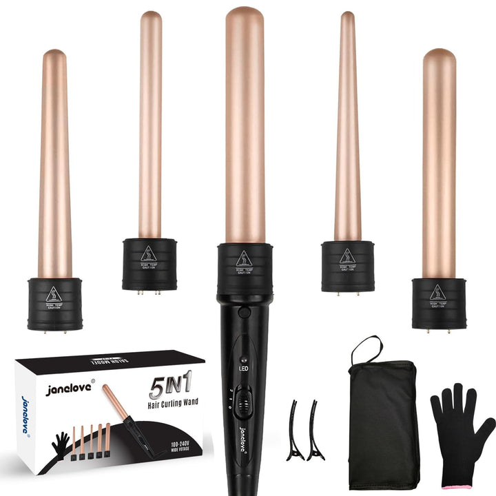 Curling Iron Set,Janelove Professional Curling Wand Set ,5 in 1 ( 0.25 to 1.25 Inch) ,Heating Up Hair Curler Interchangeable Barrels with Heat Resistant Glove&2 Hair Clips-Gold Pink