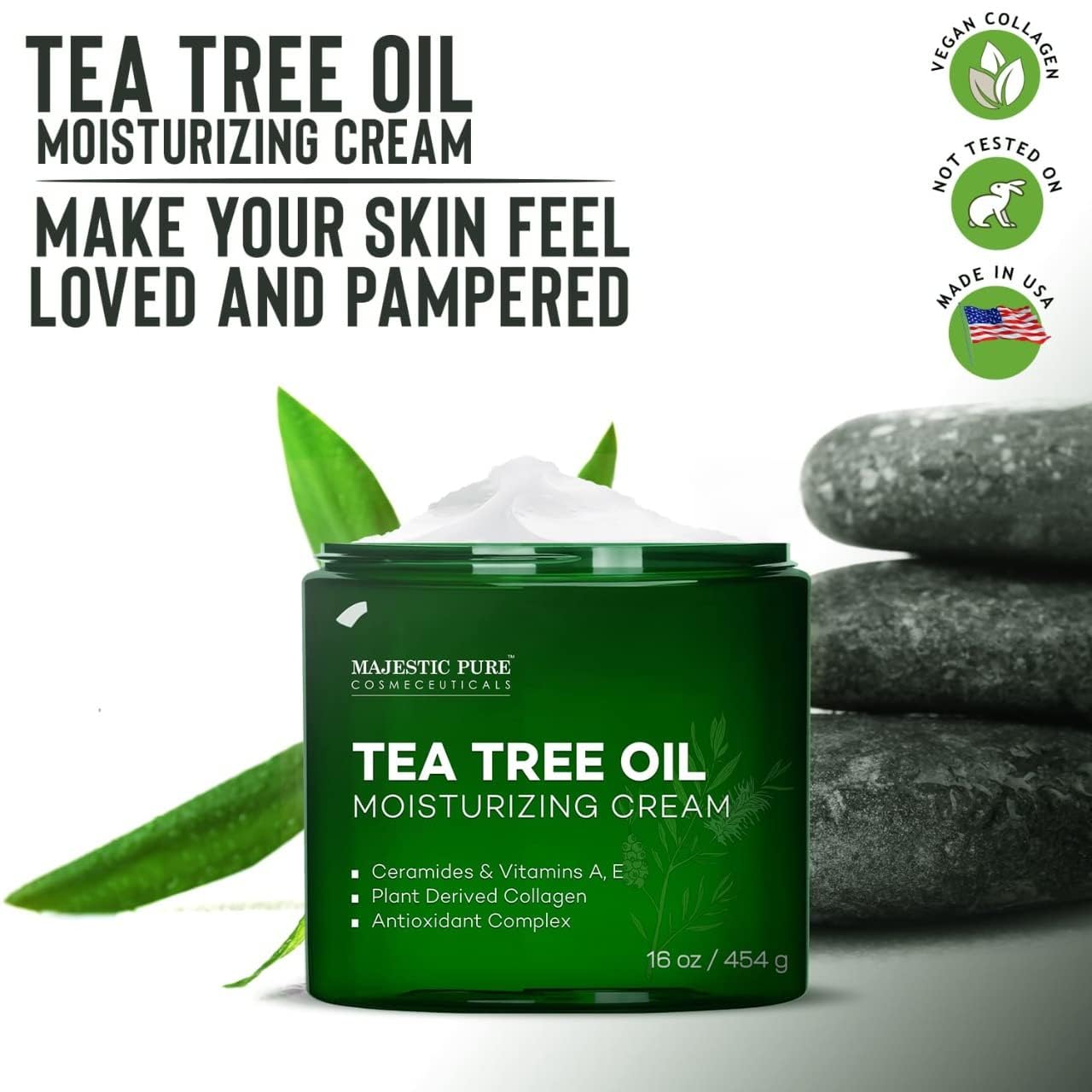 Majestic Pure Tea Tree Oil Moisturizing Cream - Body, Foot & Face Moisturizer - With Ceramides, Vitamins A E & Vegan Collagen - For Dry Skin, Oily Skin, & Appearance Of Wrinkles - 16 oz
