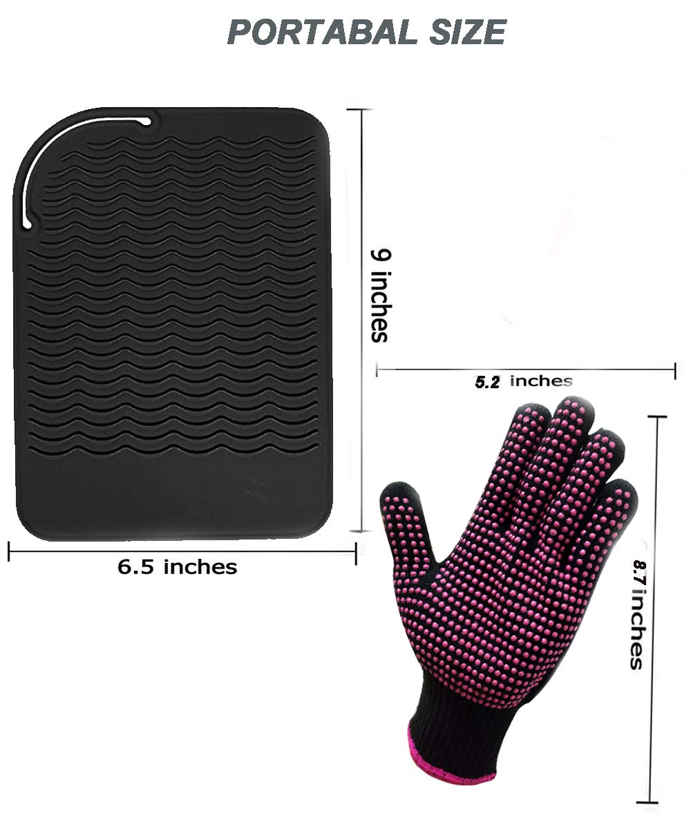 Curling Iron Mat, Heat Resistant Mat with Heat Resistant Glove for Hair Straightener, Flat Irons, 8.7ââ‚¬Âx5.2ââ‚¬Â Silicone Bump Glove, 9ââ‚¬Â x 6.5ââ‚¬Â Food Grade Silicone Mat, Black