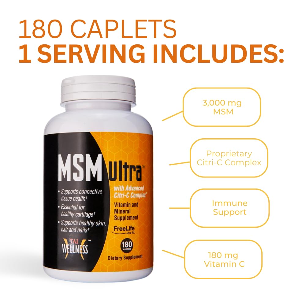Youngevity Freelife MSM Ultra | 3,000 mg MSM + Proprietary Citri-C Complex Blend + Vitamin C | Ultimate Methylsulfonylmethane Supplement | Bone & Joint Support | 180 Count