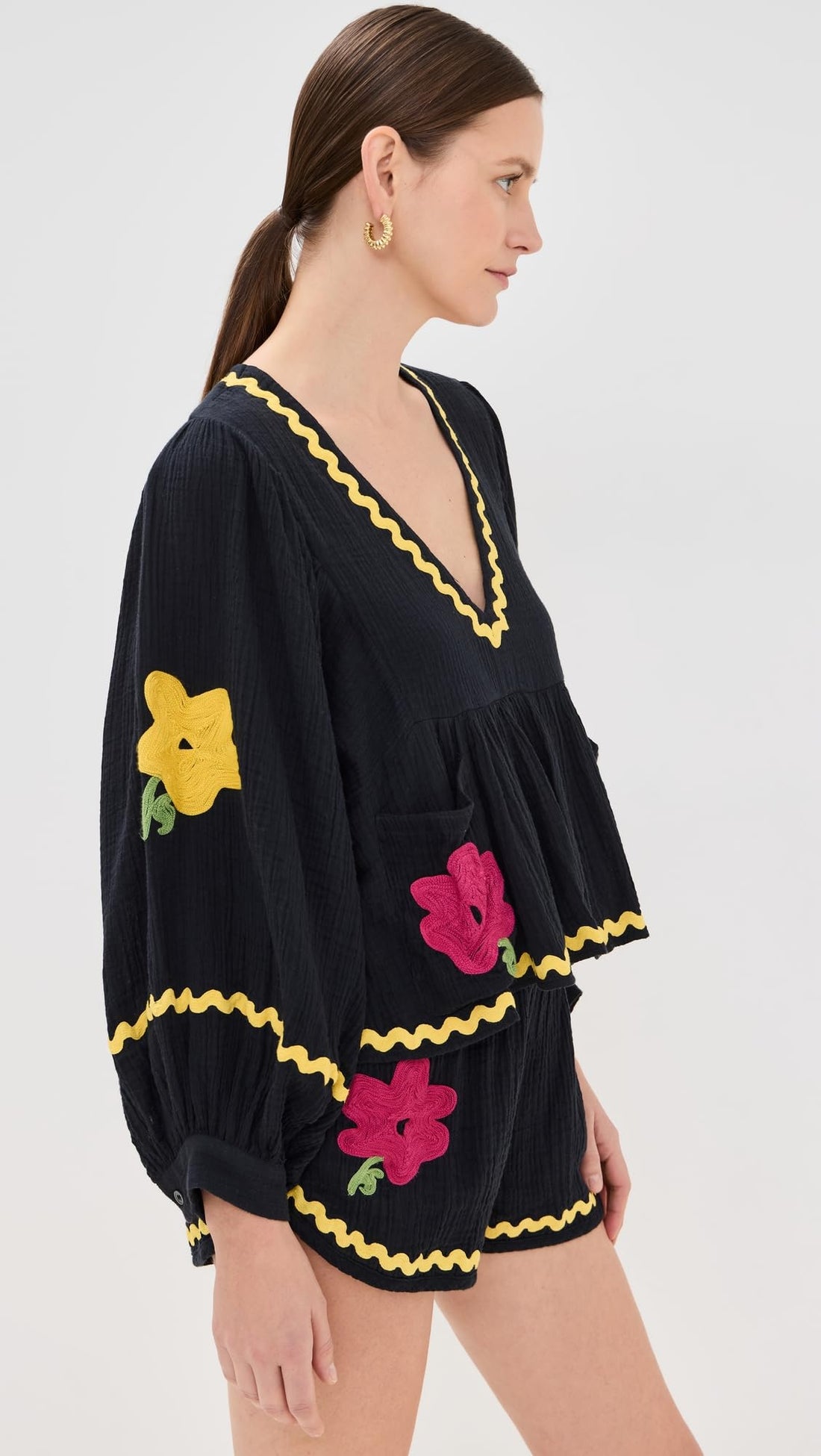 Rhode Women's Renata Top, Casablanca Blossom Embroidery, Blue, Floral, M-L