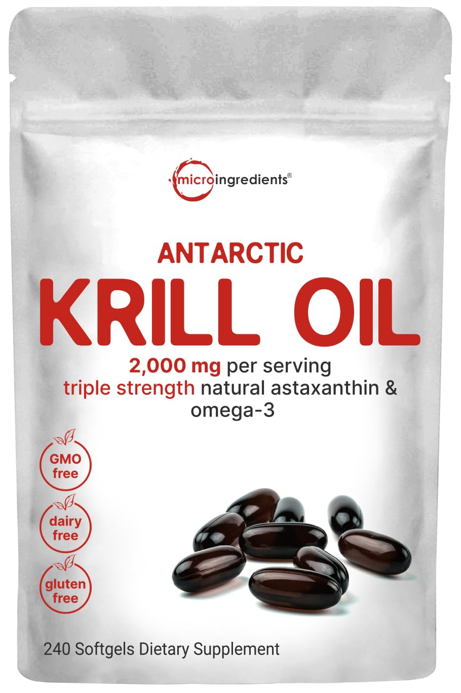 Micro Ingredients Antarctic Krill Oil Supplement, 2,000mg Per Serving, 240 Softgels, Triple Strength, Rich in Omega-3s EPA, DHA & Natural Astaxanthin, Supports Immune System & Brain Health
