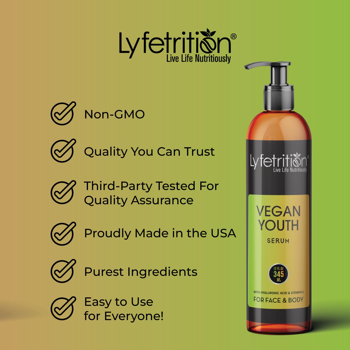 Lyfetrition Vegan Youth | 12 Fl oz Large Bottle | Anti-Aging And Wrinkle Serum | (Skin and Face Formula).