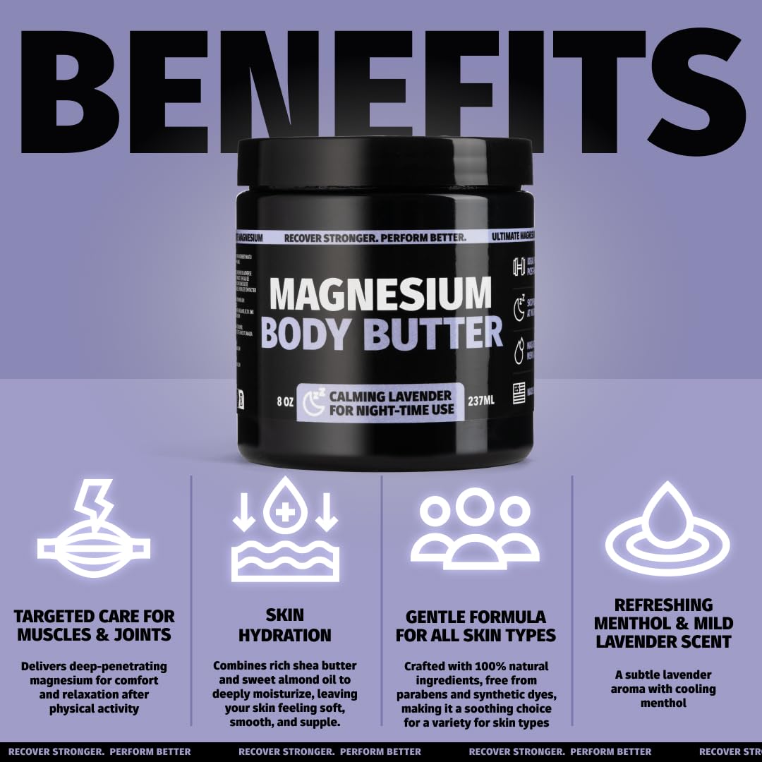 Coach Soak Nighttime Magnesium Body Butter, Thick Cream with High Magnesium Concentration, Soothes Muscles Overnight, Shea Butter, Almond Oil & Lavender, Large Size (8oz)