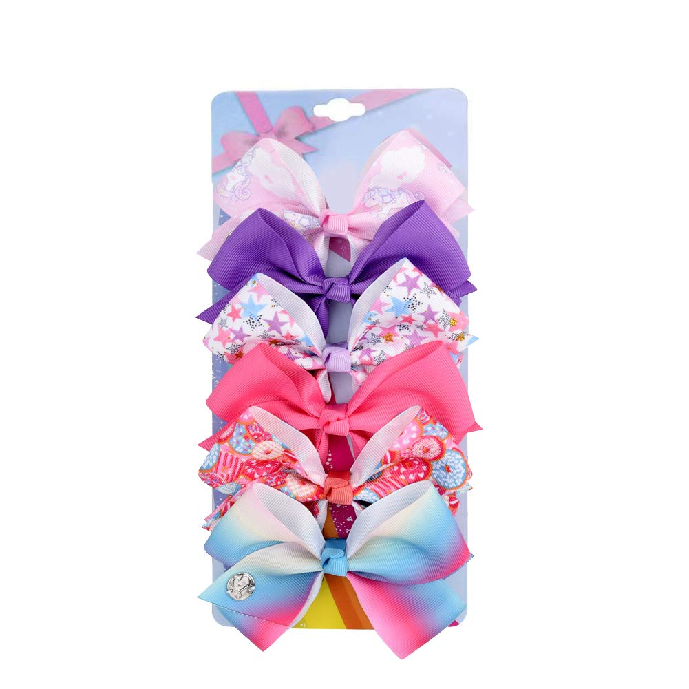 [6Pack/Set] 4.7 Inch Sparkle Mermaid Rainbow Colorful Hair Bows Clips Grosgrain Ribbon Alligator Accessories (Model-8)