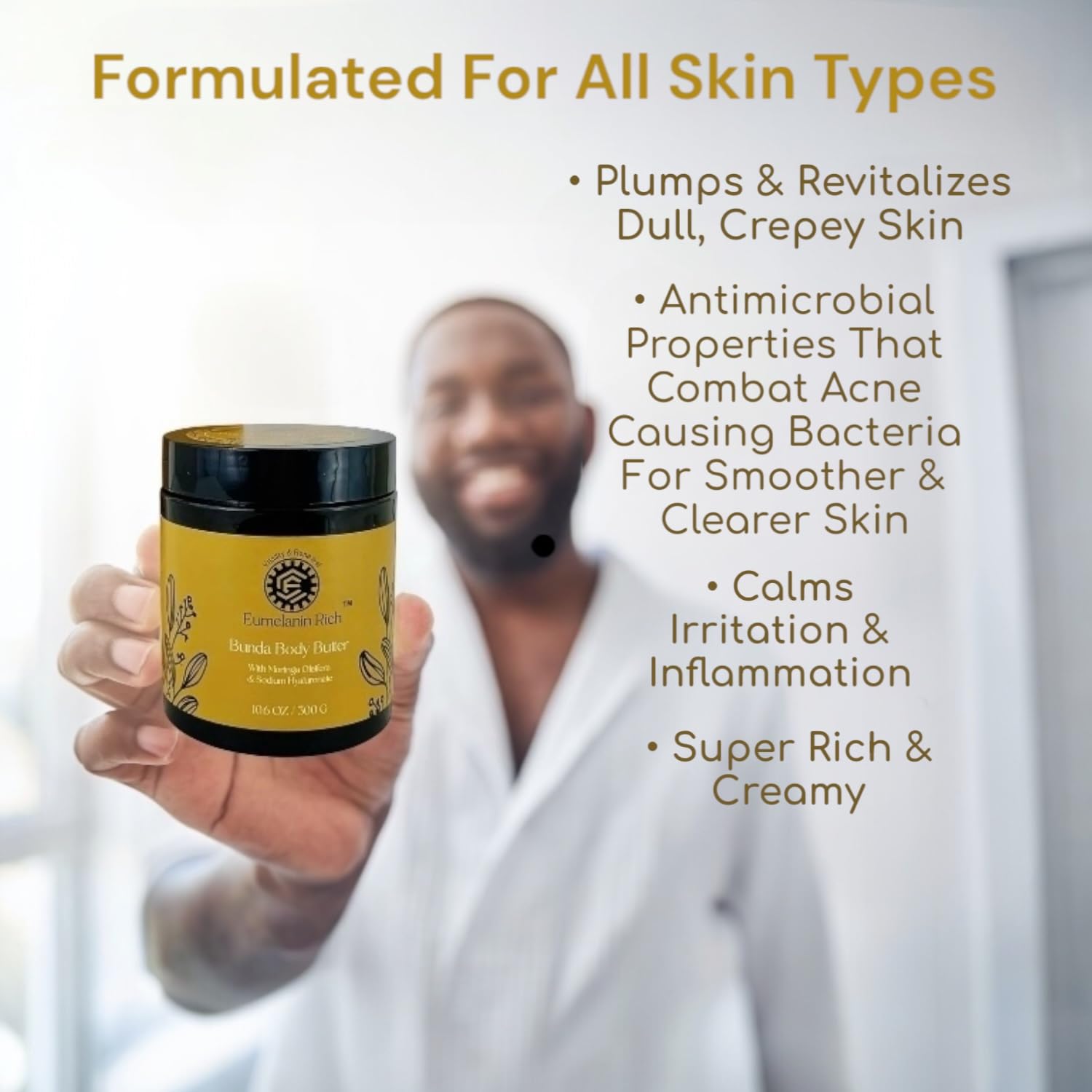 EUMELANIN RICH Bunda Body Butter Whipped Shea & Cocoa Butter Infused With Moringa Oleifera & Sodium Hyaluronate-Intense Hydration for Dry Crepey Skin 10.6oz